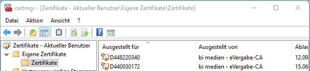 Bild 1: Benutzerzertifikatsverwaltung - "Eigene Zertifikate", "Zertifikate"