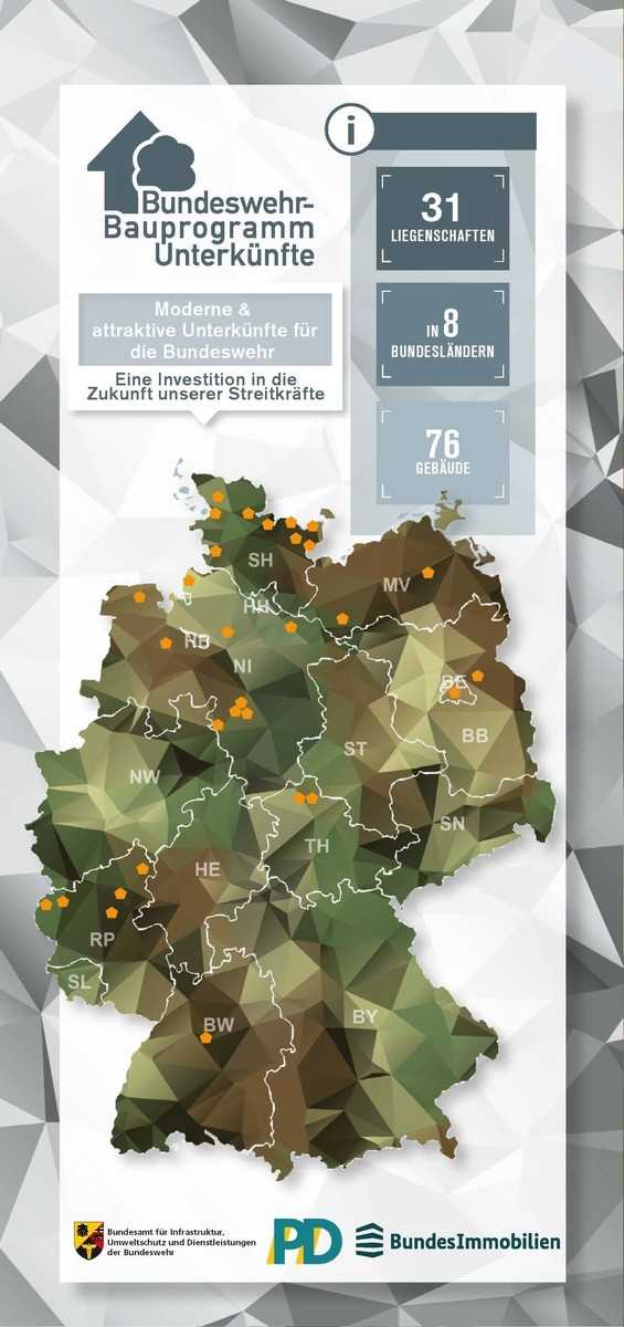 Deutschlandkarte mit den Standorten des Bundeswehr-Bauprogramms Unterkünfte | Foto: BAIUDBw - PIZ IUD Deutschlandkarte mit den Standorten des Bundeswehr-Bauprogramms Unterkünfte | Foto: BAIUDBw - PIZ IUD