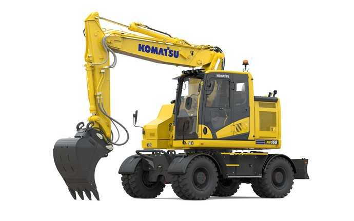 Der Komatsu-Mobilbagger PW168-11 fährt wie sein großer Bruder PW198-11 mit wartungsarmem Komatsu-Dieselpartikelfilter und ab Werk mit umweltfreundlichem HVO-Diesel betankt vor. | Foto: Komatsu Europe