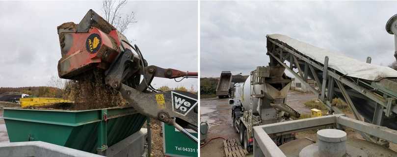 Der Boden gelangt über ein Förderband unter Zugabe von Compound, Zement und Wasser in den Trommelmischer, wo die Vermischung stattfindet. | Foto: B_I/Valdix