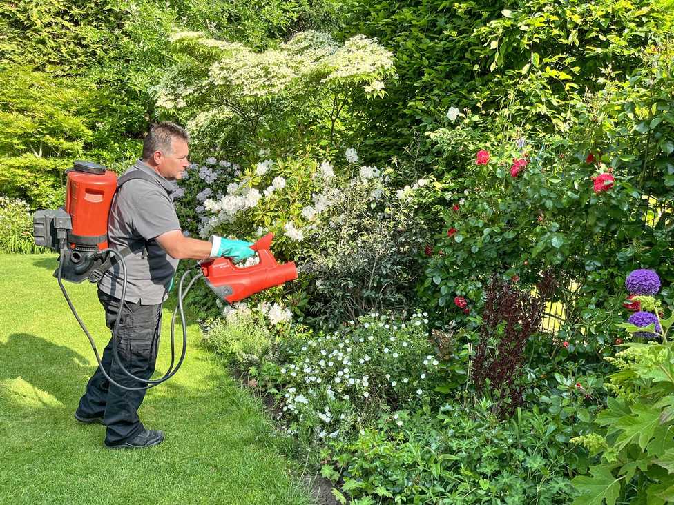 Profi setzt bei Gartenpflege auf wenig Chemie und ein Akku-Sprühgebläse von Birchmeier