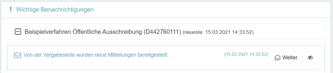 Bild 4: Dashboard-Meldung für eine (Änderungs-)Mitteilung